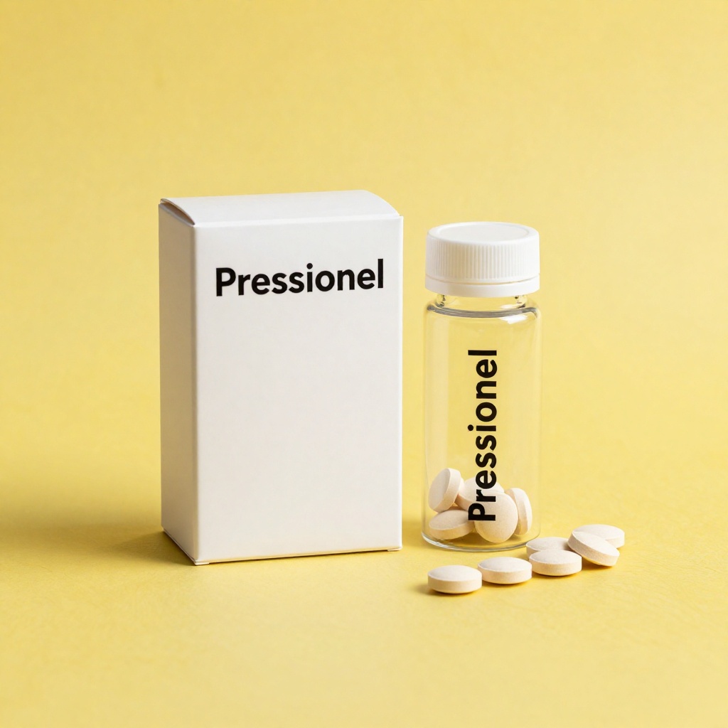 Pressionel supliment natural în cutie elegantă albă cu etichetă roșie, conținând 60 de capsule pentru susținerea tensiunii arteriale și sănătății cardiovasculare, formulă naturală cu ingrediente vegetale selectate pentru echilibrarea tensiunii arteriale pe fundal neutru